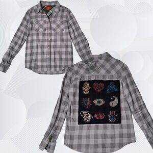 Butter Super Soft Flannel Shirt Kids Large Grey Plaid Rhinestone Spiritual Patch